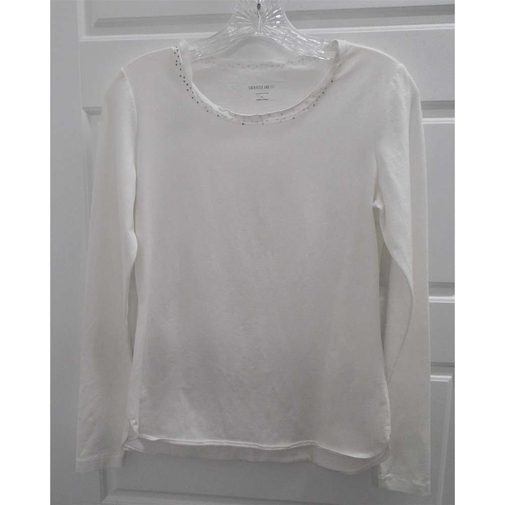 LaFayette 148 New York White Stretchy Italian Cotton Long Sleeve Top‎ sz P